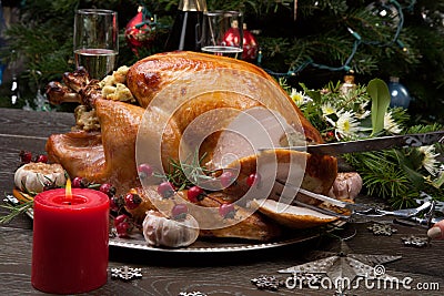 Carving Rustic Style Christmas Turkey Stock Photo