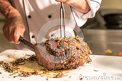 Carving Wagyu beef Stock Photo