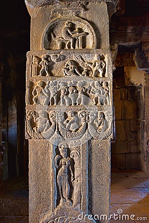 Carvings on Pillar, Sangameshwara Temple, Pattadakal, Karnataka Stock Photo