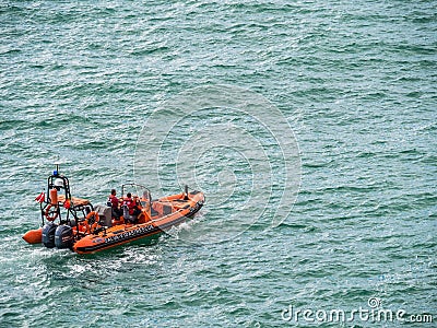 Carvoeiro , Portugal - October 20, 2017: Rescue boat patrols near Carvoeiro Editorial Stock Photo