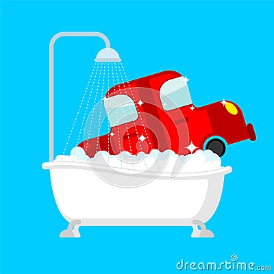 Carwash car in bath. Auto wash in bathtub Vector Illustration