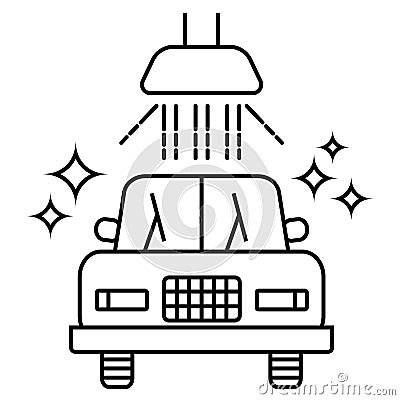 Carwash icon. Sanitizing station or service. Sanitation of vehicle. Cleaning and washing vehicle. Outline icon of car. Vector Cartoon Illustration