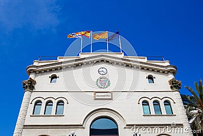 Casa Consistorial city hall in Badalona, Barcelona, Catalunya. Flags Editorial Stock Photo