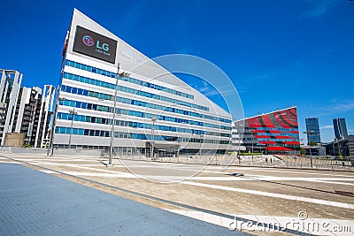 `Casa Milan` modern building, home of A.C. Milan football club and L.G. building, korean brand of electronic components in Milan, Editorial Stock Photo