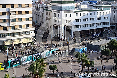 Top view of Casablanca square with clipped trees, tram and lots of people Editorial Stock Photo