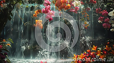 A cascade of exotic flower rainfalls a symphony of bright hues and delicate petals Stock Photo