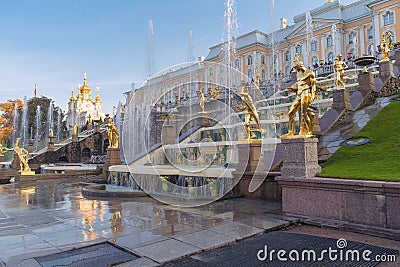 cascade fountain with golden statues inside Petergof Editorial Stock Photo
