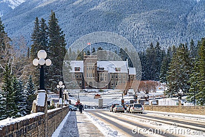 Cascade of Time Garden in snowy winter day. Banff, AB, Canada. Editorial Stock Photo