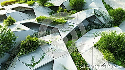 Cascading triangles and hexagons create a whimsical and abstract perspective in this geometric garden Stock Photo