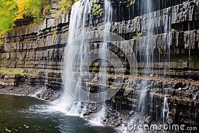 cascading water over layered rock wall Stock Photo
