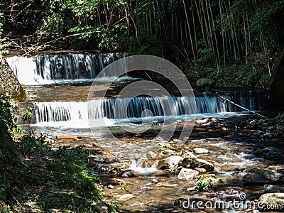 Cascading waterfall in the Suzu River near the Oyama Cable Car to Afuri Shrine, Isehara, Japan Stock Photo
