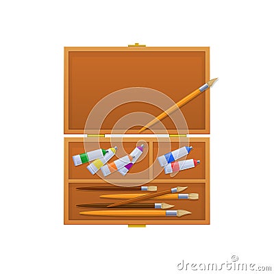 Case with brushes, multi-colored tubes with paint and markers. Vector Illustration