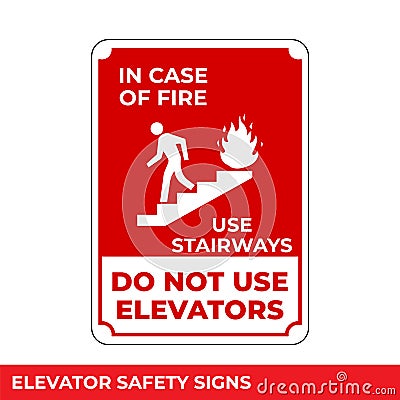 In Case of Fire Use Stairs Do Not Use Elevators Sign with Warning Message for Industrial Areas, Easy To Use And Print Design Vector Illustration