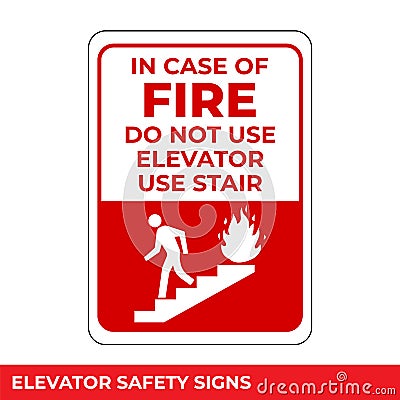 In Case of Fire Use Stairs Do Not Use Elevators Sign with Warning Message for Industrial Areas, Easy To Use And Print Design Vector Illustration