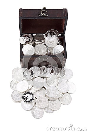 Case full of silver coins Stock Photo