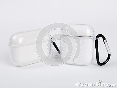 Case for headphones, white with spring hook Stock Photo