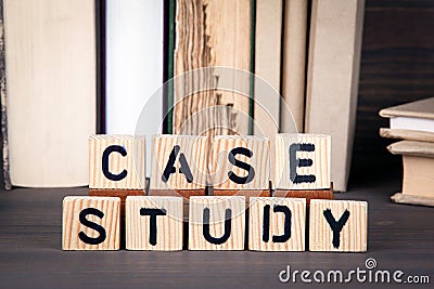 Case study, wooden letters on wooden table. Education, success and communication background. Stock Photo