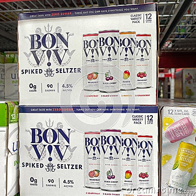 Cases of Bon Viv Hard Spiked Seltzer alcohol beverages at a Sams Club store Editorial Stock Photo