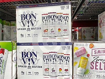 Cases of Bon Viv Hard Spiked Seltzer alcohol beverages at a Sams Club store Editorial Stock Photo