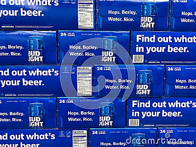 Cases of cans of Bud Light Beer at a grocery store Editorial Stock Photo