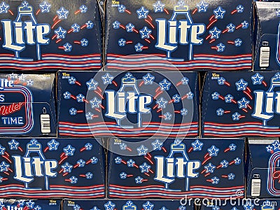 Cases of cans of Miller Lite Beer at a grocery store waiting for customers to purchase Editorial Stock Photo