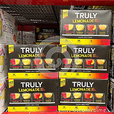 Cases of cans of Truly Flavored Hard Lemonades at a Sams Club grocery store waiting for customers to purchase Editorial Stock Photo