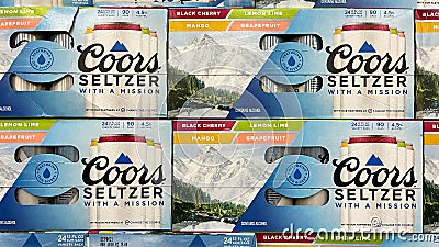 Cases of Coors Seltzer Spiked Sparkling water alcohol beverages at a Sams Club store Editorial Stock Photo