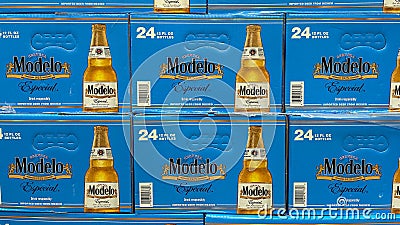 Cases of Modelo Especial Cerveza Beer at a Sam`s Club store in Orlando, Florida Editorial Stock Photo