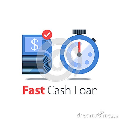 Cash back, bundle of bills and stopwatch, easy loan, instant payment Vector Illustration