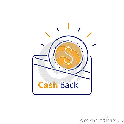 Cash back, currency credit card, fast easy loan, loyalty concept, collecting bonus, earn reward, line icon Vector Illustration