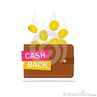 Cash back in wallet. Cashback icon with coins. Finance saving concept. Save money tag. Credit pay of customer. Money refund on Vector Illustration