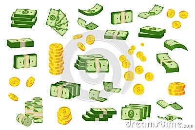 Cash and coins. Cartoon piles and stacks of coins and green banknotes, money cash and bank currency vector concept Vector Illustration