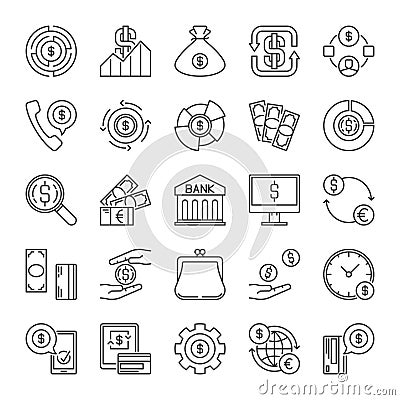 Cash, credit card, bank and payment outline vector icons Vector Illustration