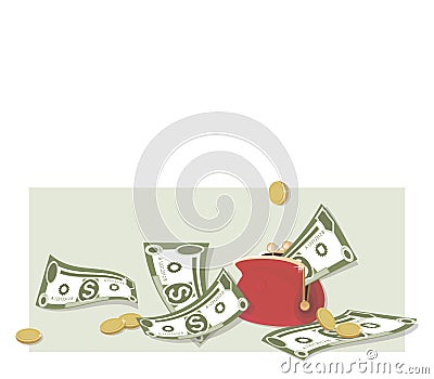 Cash. Dollars signs, gold coins. Red wallet. Lot of money. American bill, currency in female wallet. Vector Illustration