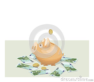 Cash. Euro. Piggy bank. 100 euro bills collecting, white background. European Union bill, currency. Vector Illustration