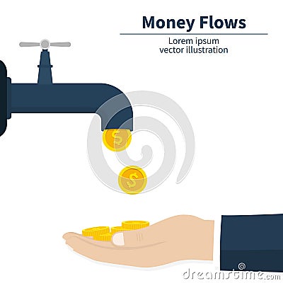 Cash flow concept. Gold coins fall. Catch money hand. Achievement success. Finance faucet. Vector illustration. Vector Illustration