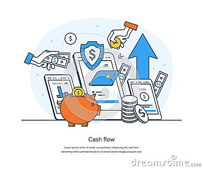 Cash flow, movement of cash and cashless money equivalents in and out of business Vector Illustration