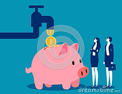 Cash flow from pipe into wealthy piggy bank Vector Illustration