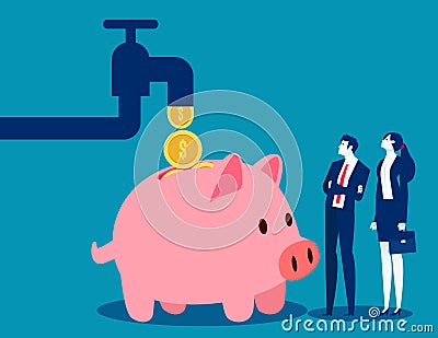 Cash flow from pipe into wealthy piggy bank Vector Illustration