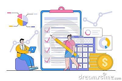 Cash flow statement concept. Man and girl evaluating graph, growth of company income. Successful investors. Outline design style Vector Illustration