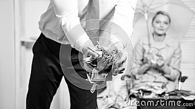 Cash in hands of office worker or businessman. Cash dollar currency office background defocused. Credit loan or profit Stock Photo