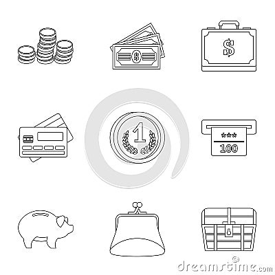 Cash icons set, outline style Vector Illustration
