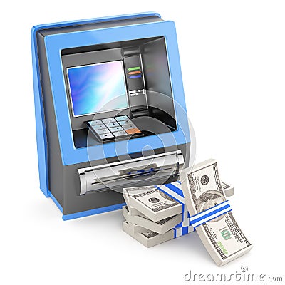 Cash machine and stack of dollars Stock Photo