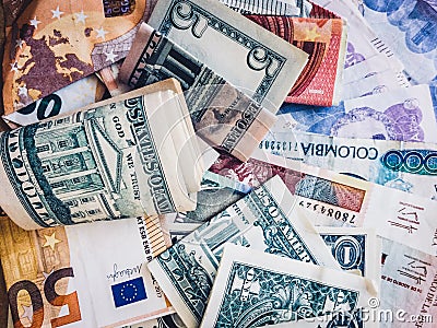 Cash money, Euros, US Dollars and Colombian Pesos - Editorial Stock Photo