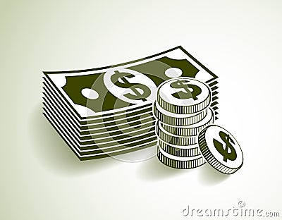 Cash money still-life with coins and banknote dollar stack. Vector Illustration