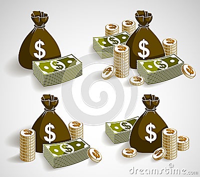 Cash money still-life with moneybag bag coins and banknote dollar stack, classic style vector Vector Illustration
