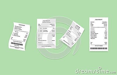 Cash Register Receipts Payment Finance Document Set. Vector Vector Illustration