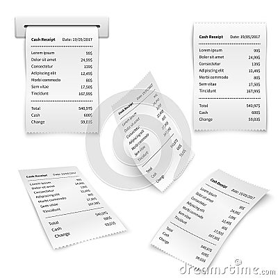 Cash shopping receipt, financial papers isolated vector set Vector Illustration