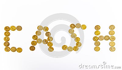 Cash sign, lined with 10-ruble coins written ten rubles, the Bank of Russia in the Russian on white background Stock Photo