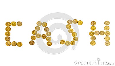 Cash sign, lined with 10-ruble coins written ten rubles, the Bank of Russia in the Russian on white background Stock Photo